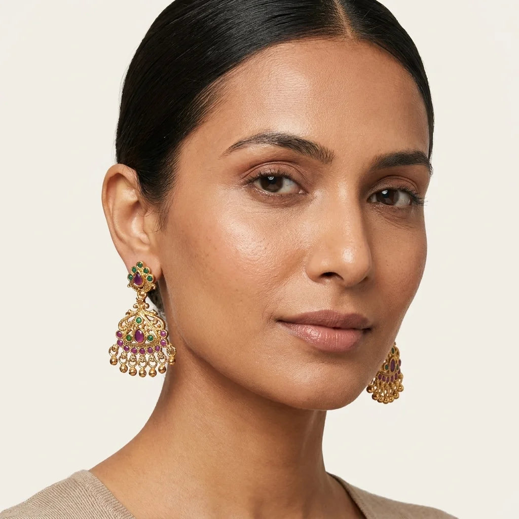 Shop elegant AD Zirconia traditional jhumka earrings with water-resistant gold finish perfect for festive wedding and ethnic styling