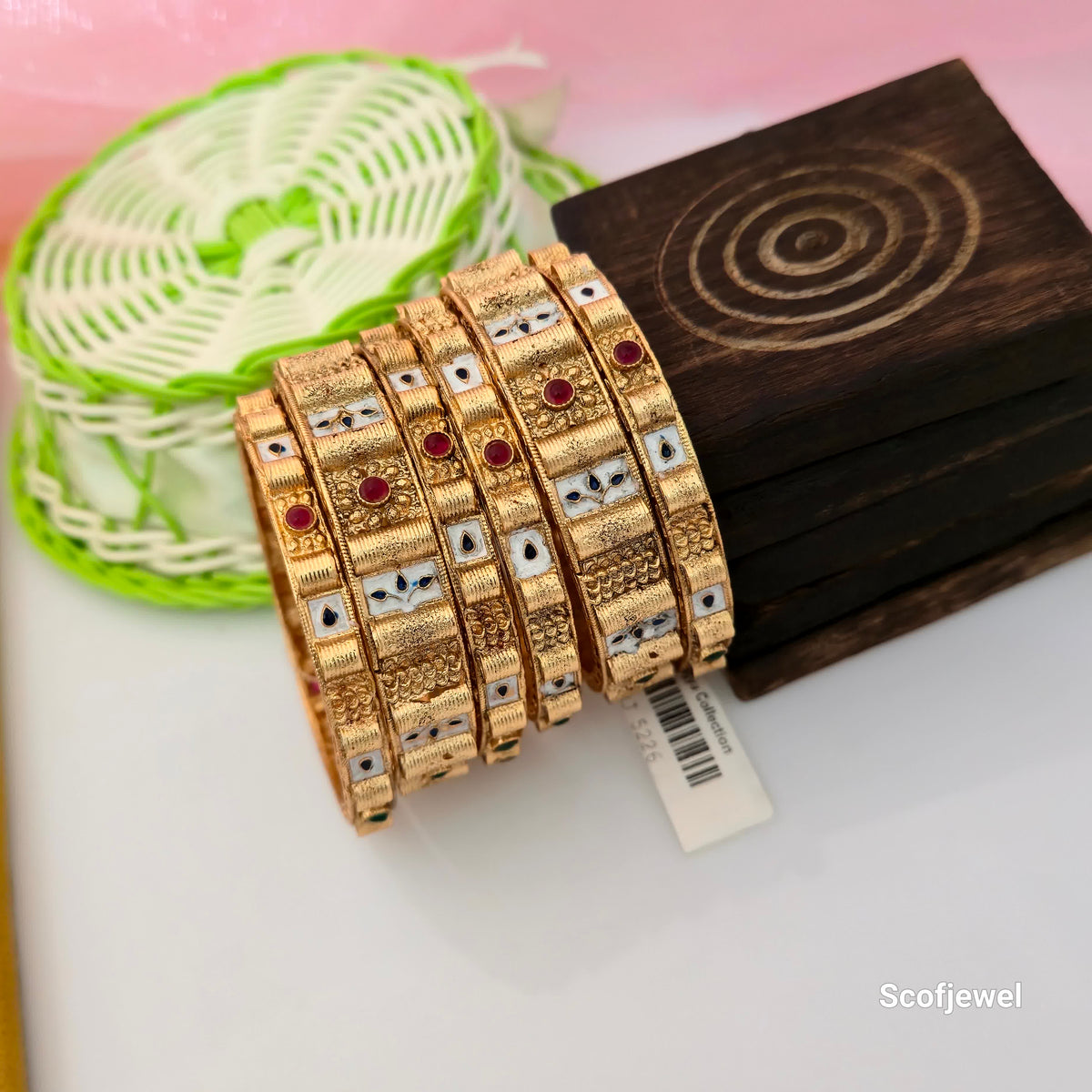 Rajwadi polish bangles for women, antique gold-tone traditional bangles set, designer artificial bangles with red and white accents, traditional Indian bangles with intricate textured detailing, multicolour ethnic bangles for wedding wear, antique finish festive bangles, Rajwadi style jewellery for women, Scofjewel traditional bangles