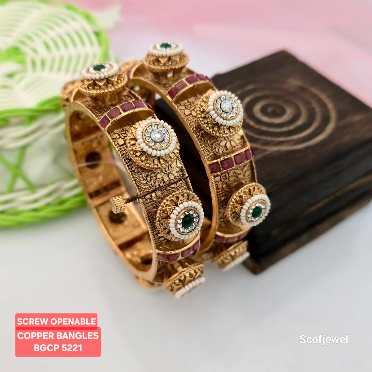 copper screw openable bangles with antique gold finish, traditional copper bangles with green and maroon stone-style accents, designer openable bangles with floral engravings, gold-tone copper bangles with white bead-style borders, ethnic bangles with screw closure, traditional jewellery for weddings and festivals, Scofjewel copper bangles BGCP 5221