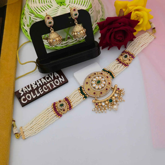 Antique Gold Tone Pearl Beaded Necklace Set with Green & Maroon Stones and Matching Jhumka Earrings | Traditional Ethnic Jewellery for Women