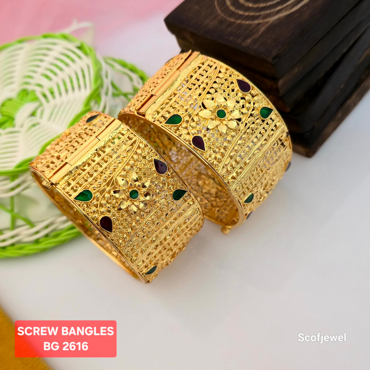 Gold Plated Screw Bangles with Floral Design and Green Maroon Accents | Broad Bangles for Women