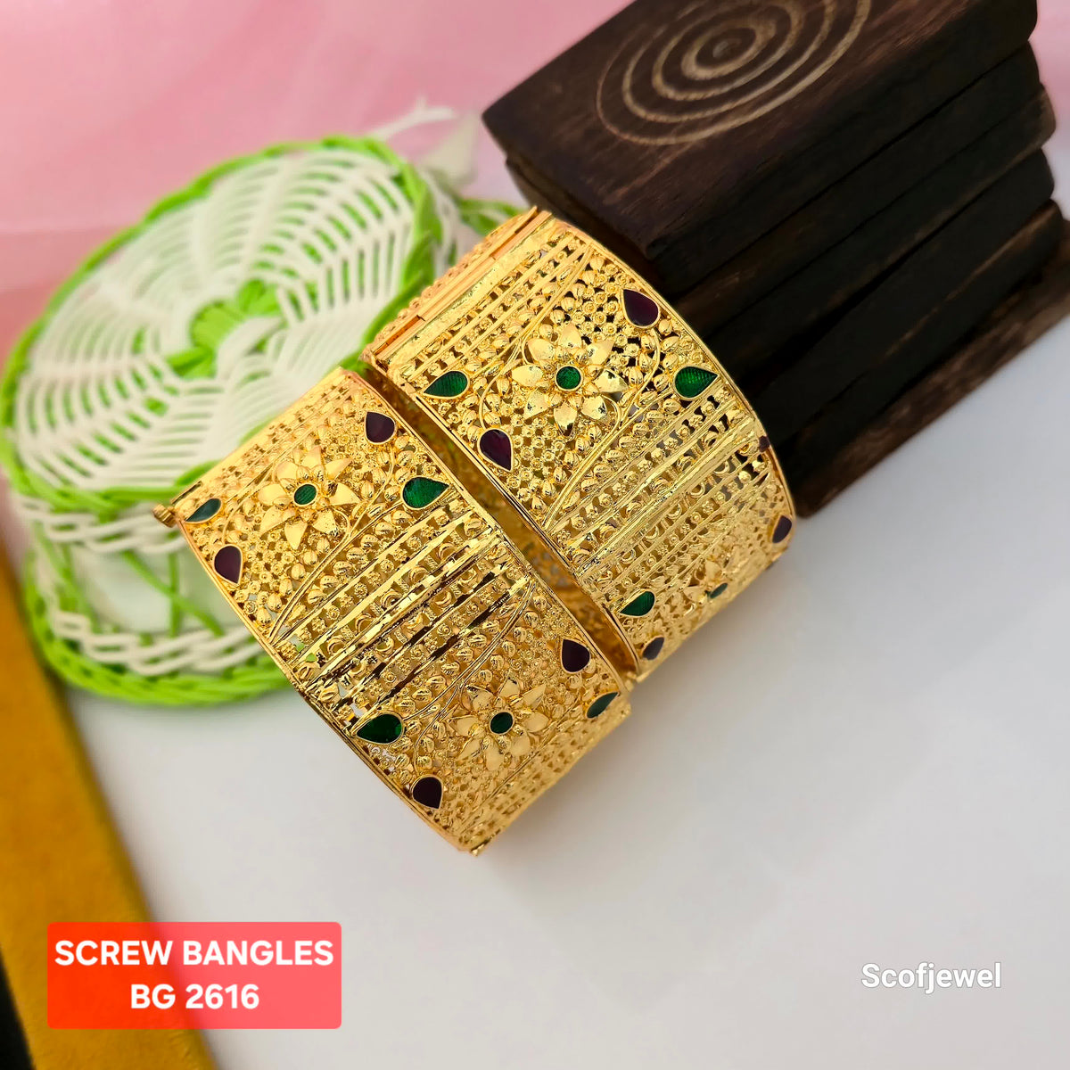 Gold Plated Screw Bangles with Floral Design and Green Maroon Accents | Broad Bangles for Women