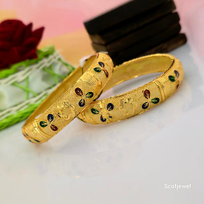Traditional Gold-Tone Designer Bangles with Multicolour Floral Enamel Work | Pair of Bangles for Women