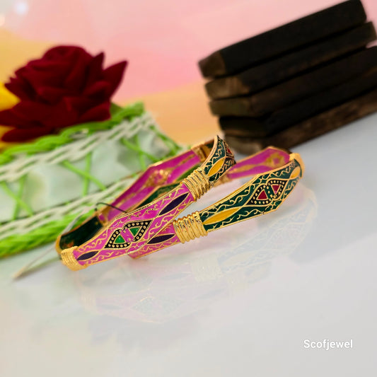 Traditional Multicolour Gold-Tone Designer Bangles for Women | Pink and Green Ethnic Bangle Set