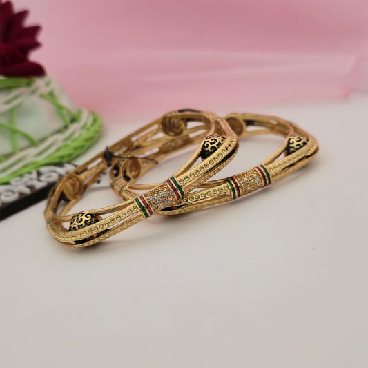 Gold-Tone Designer Bangles with Black Enamel Detailing | Traditional Bangles for Women