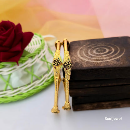 Traditional Gold-Tone Designer Bangles with Antique Black Detailing | Pair of Bangles for Women