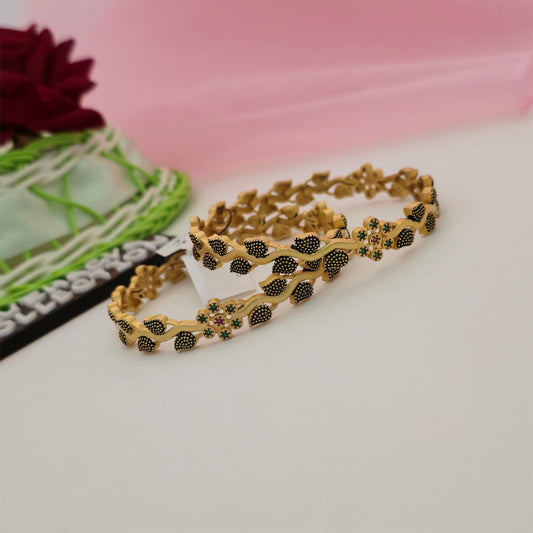 Gold-Tone Designer Bangles with Black Leaf Detailing | Traditional Bangles for Women