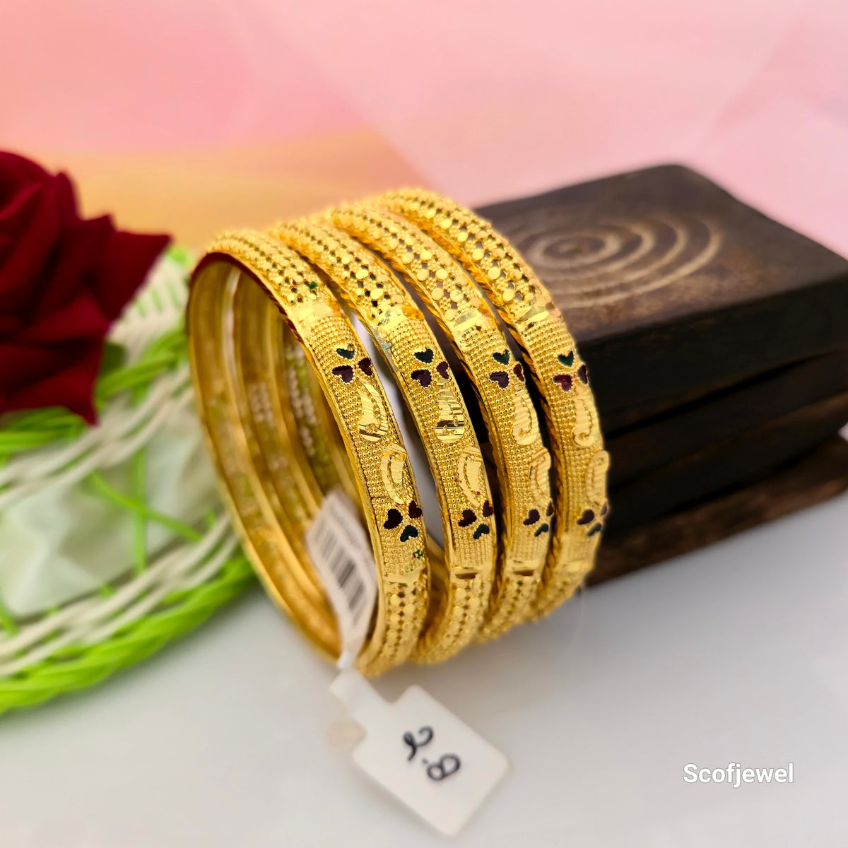 Gold-Tone Traditional Designer Bangles with Multicolour Enamel Detailing | Set of 4 Bangles for Women