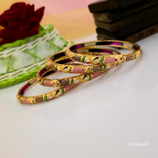 Gold-Tone Multicolour Designer Bangles Set of 4 | Traditional Pink and Green Bangles for Women