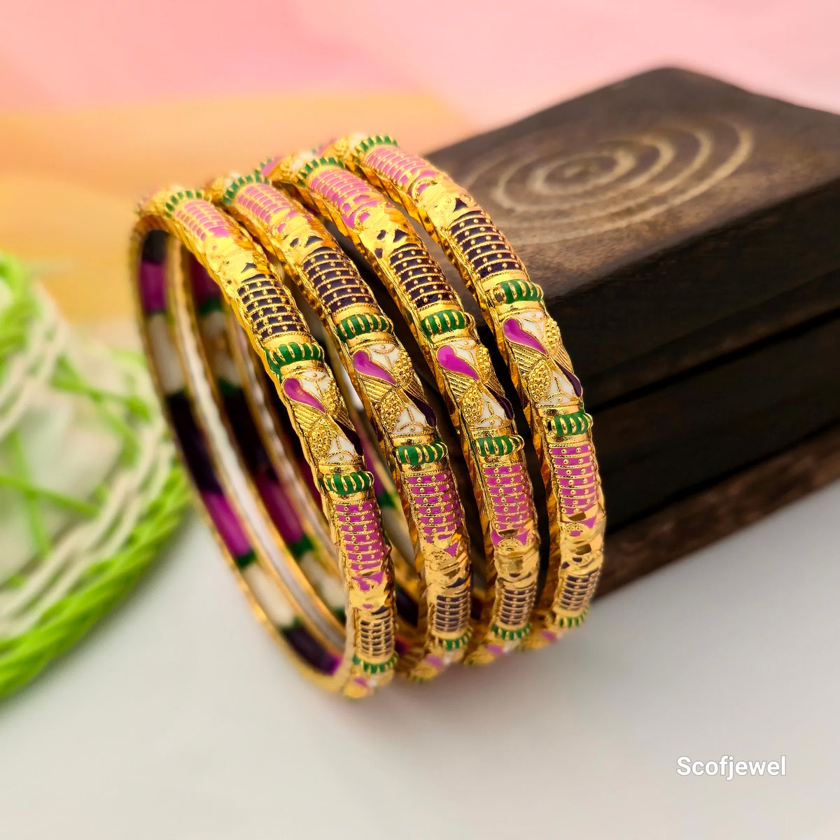 Gold-Tone Multicolour Designer Bangles Set of 4 | Traditional Pink and Green Bangles for Women