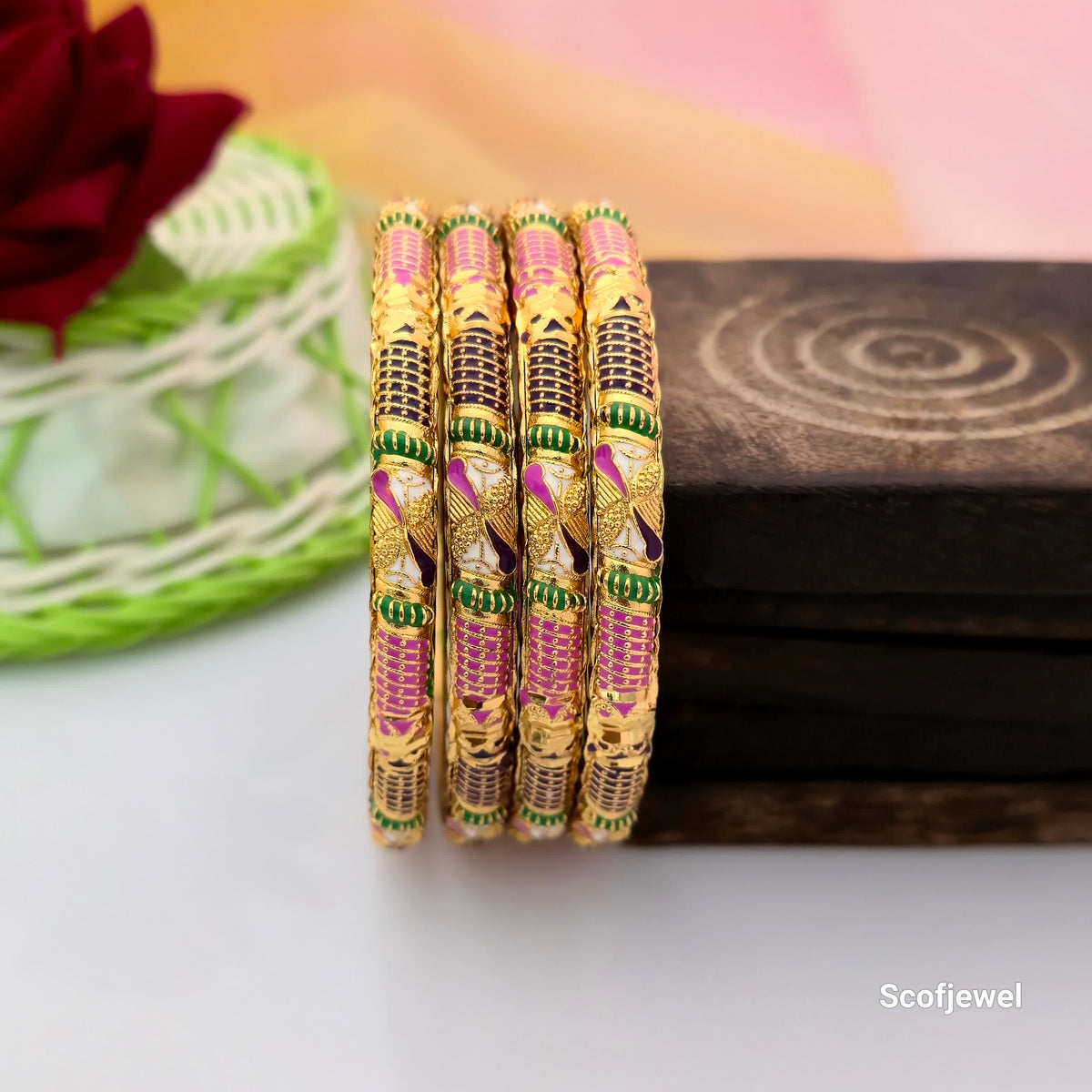 Gold-Tone Multicolour Designer Bangles Set of 4 | Traditional Pink and Green Bangles for Women