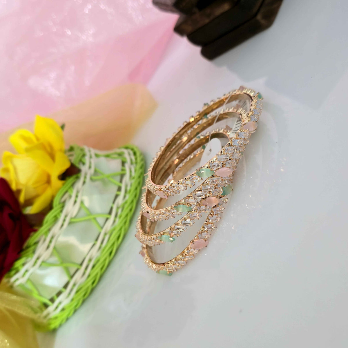 AD Baguette Stone Bangles with Pastel Oval Stones | Gold Finish Designer Bangles for Women