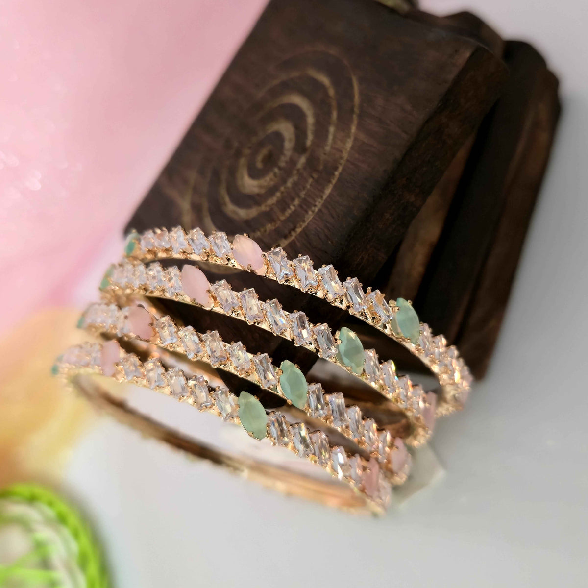 AD Baguette Stone Bangles with Pastel Oval Stones | Gold Finish Designer Bangles for Women