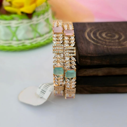 Pastel Green & Pink AD Diamond Bangles for Women | American Diamond Stone Studded Floral Designer Bangles | Rose Gold Finish