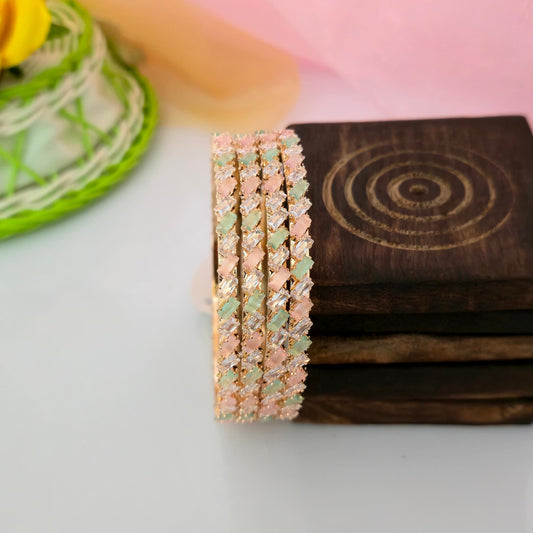 Pastel Green & Pink AD Diamond Bangles for Women | American Diamond Stone Studded Designer Bangles | Rose Gold Finish