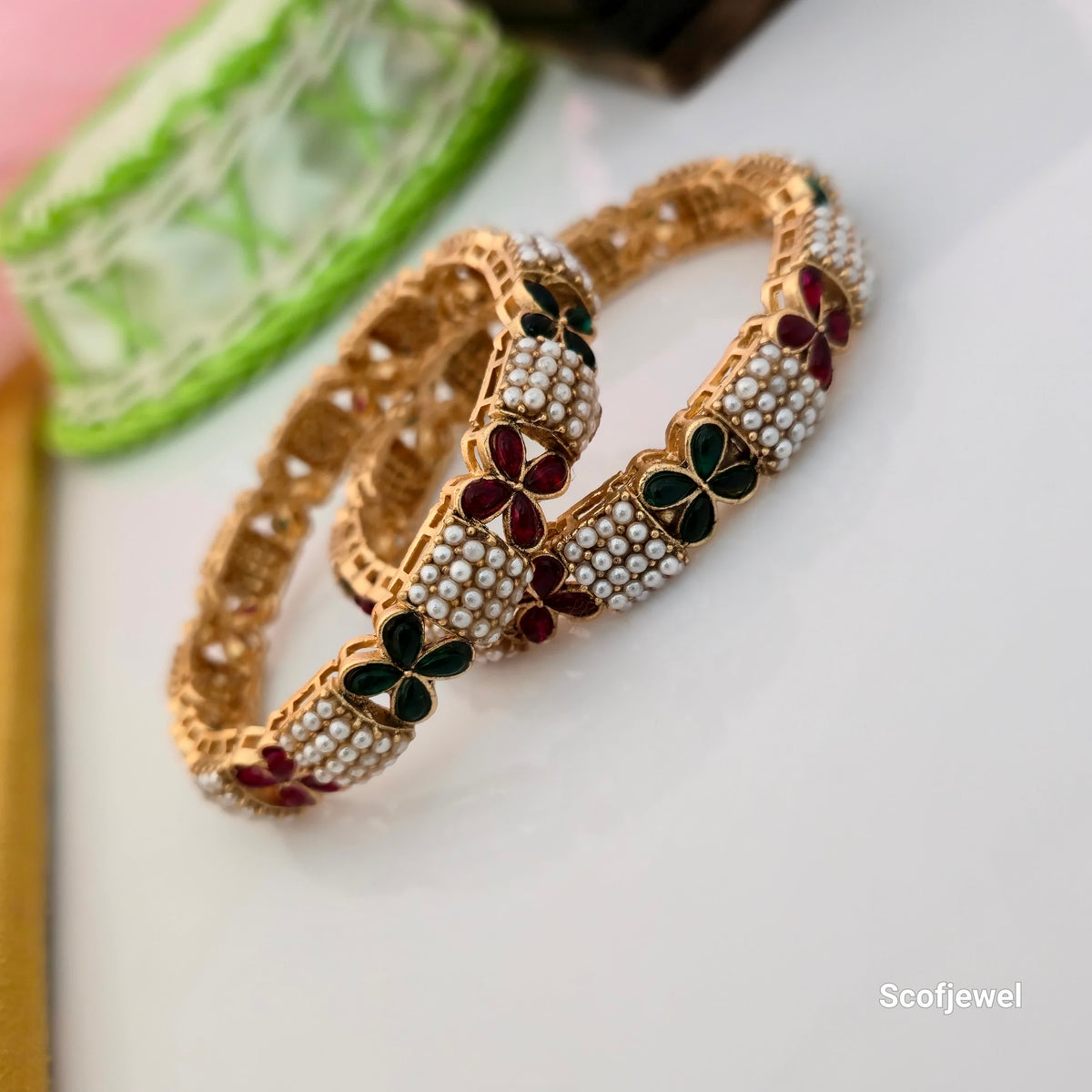 Rajwadi Polish Pearl Bangles with Red and Green Floral Designs | Traditional Bangles for Women