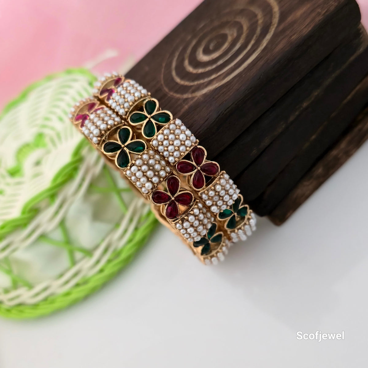 Rajwadi Polish Pearl Bangles with Red and Green Floral Designs | Traditional Bangles for Women
