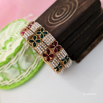 Rajwadi Polish Pearl Bangles with Red and Green Floral Designs | Traditional Bangles for Women