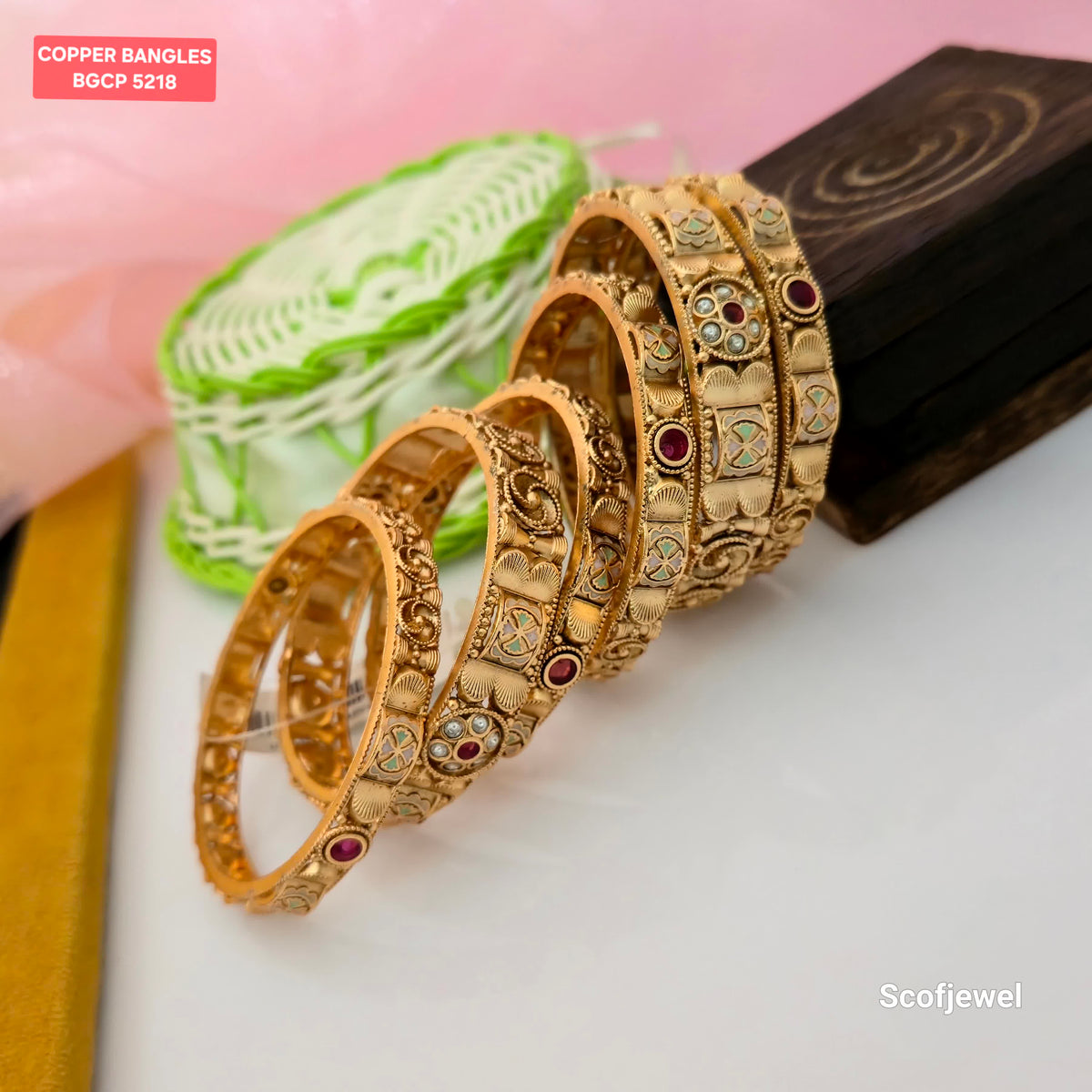 Copper Bangles with Antique Gold Finish and Multicolour Stone Detailing | Traditional Designer Bangles for Women