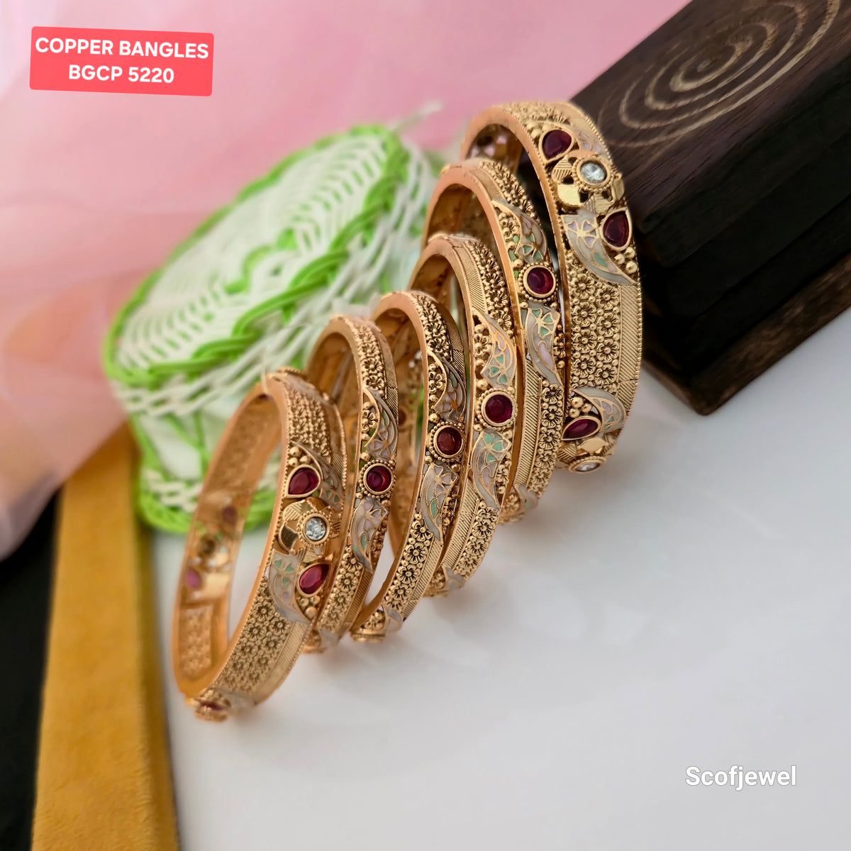 Gold Plated Copper Bangles with Maroon Stones | Traditional Designer Bangles for Women