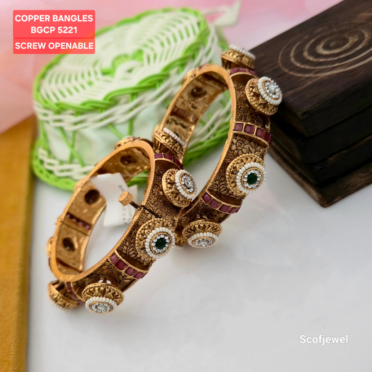 Copper Screw Openable Bangles with Antique Gold Finish and Green Stone Detailing | Traditional Designer Bangles