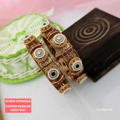 Copper Screw Openable Bangles with Antique Gold Finish and Green Stone Detailing | Traditional Designer Bangles