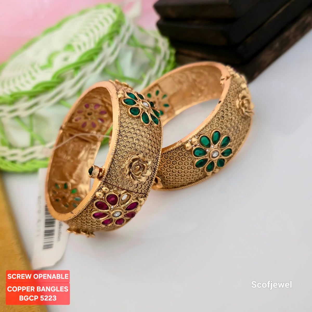 Copper Screw Openable Bangles with Red and Green Floral Stones | Antique Gold Designer Bangles for Women