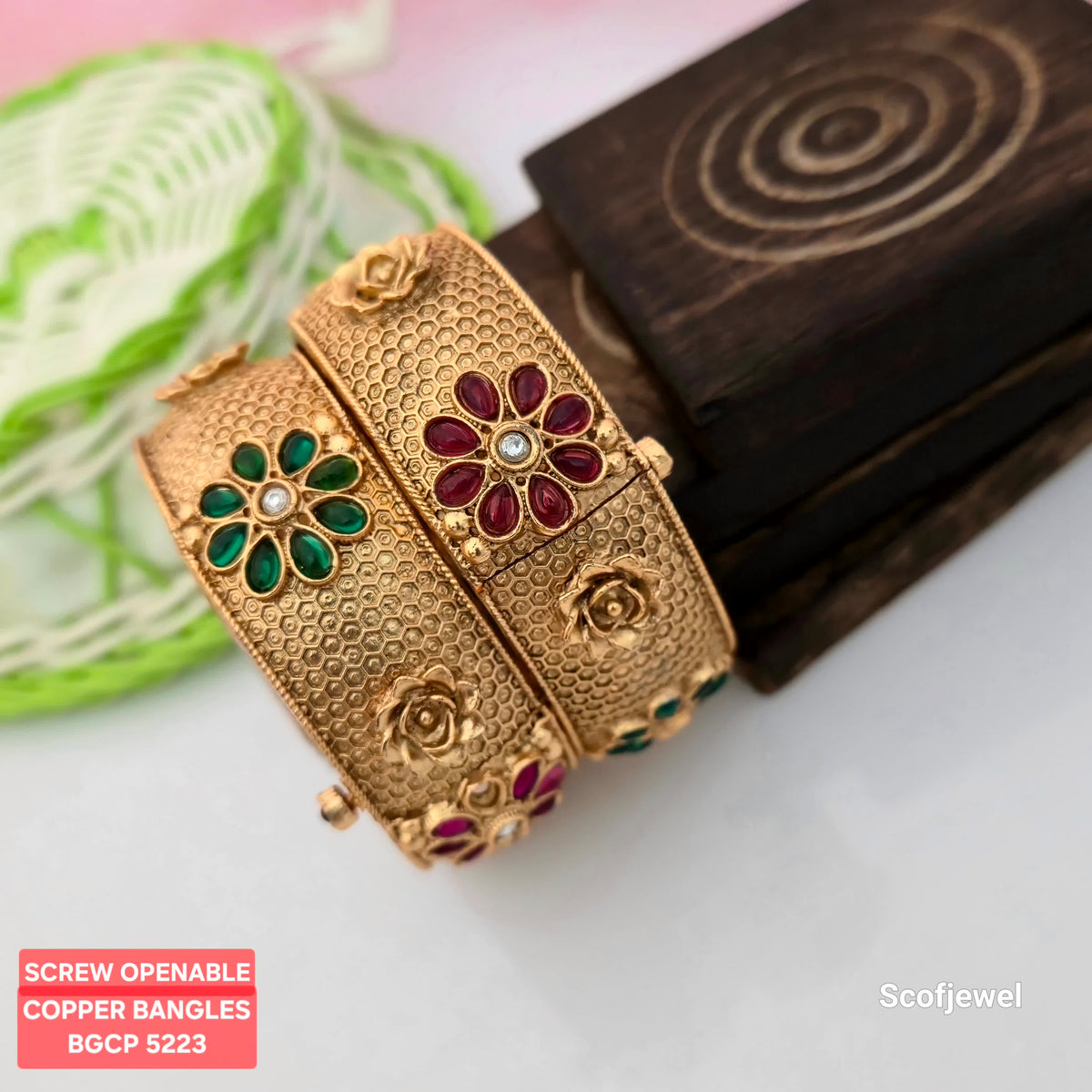 Copper Screw Openable Bangles with Red and Green Floral Stones | Antique Gold Designer Bangles for Women