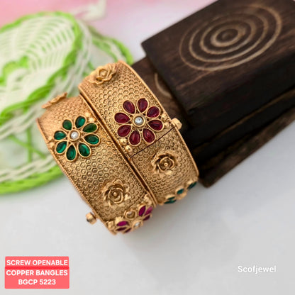 Copper Screw Openable Bangles with Red and Green Floral Stones | Antique Gold Designer Bangles for Women