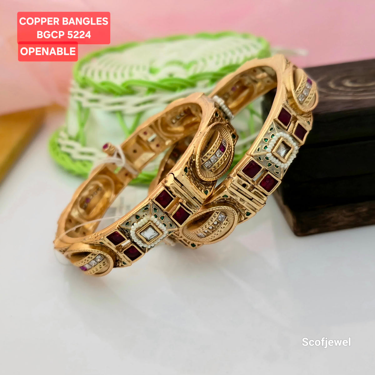 Copper Openable Bangles with Antique Gold Finish and Maroon Stone Detailing | Traditional Designer Bangles