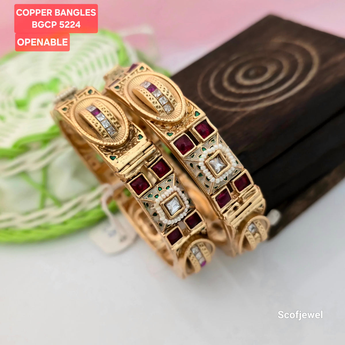 Copper Openable Bangles with Antique Gold Finish and Maroon Stone Detailing | Traditional Designer Bangles