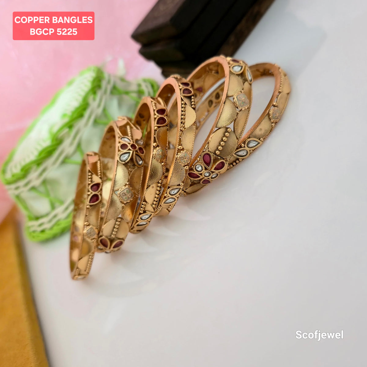 Gold Plated Copper Bangles with Maroon and White Stones | Traditional Designer Bangles for Women