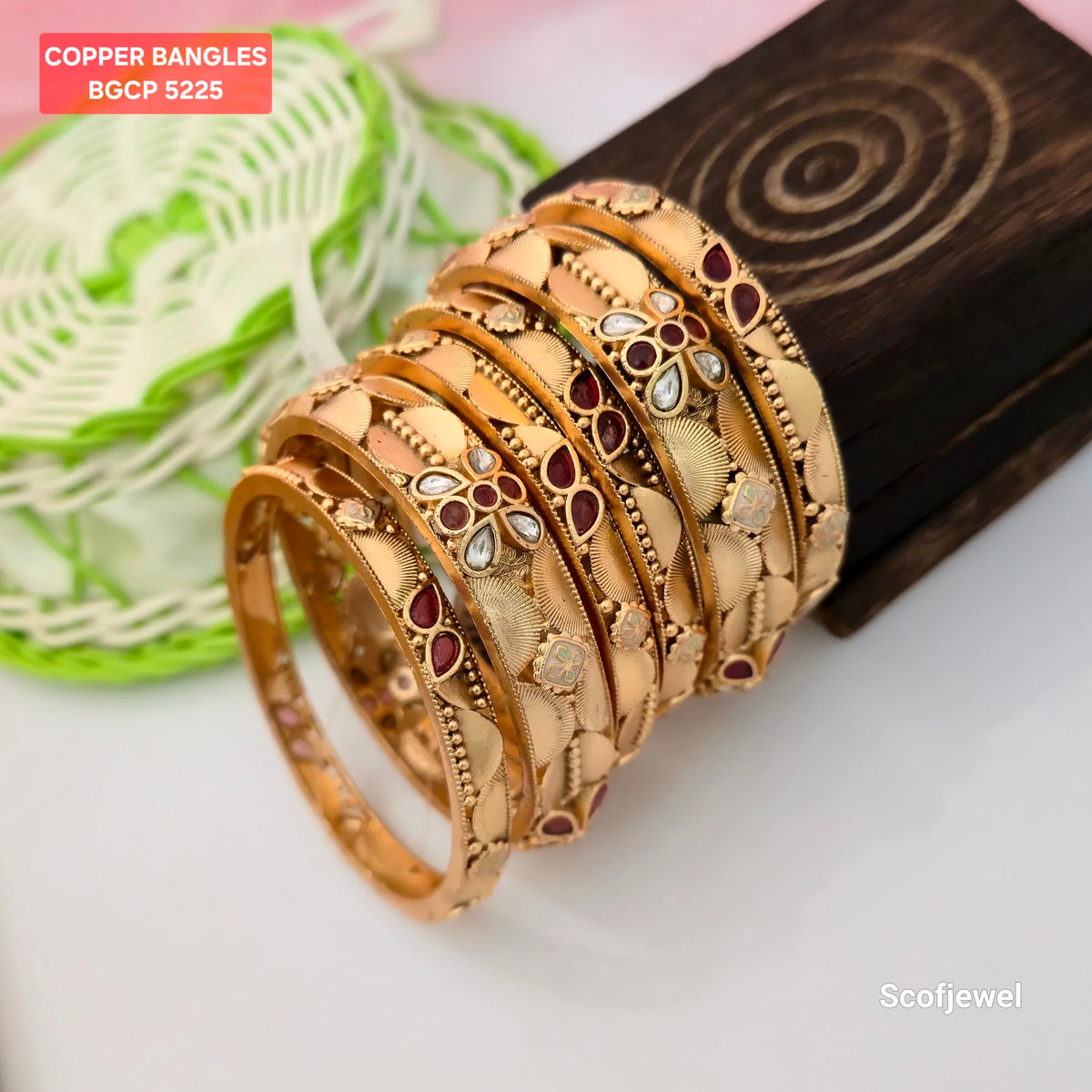 Gold Plated Copper Bangles with Maroon and White Stones | Traditional Designer Bangles for Women