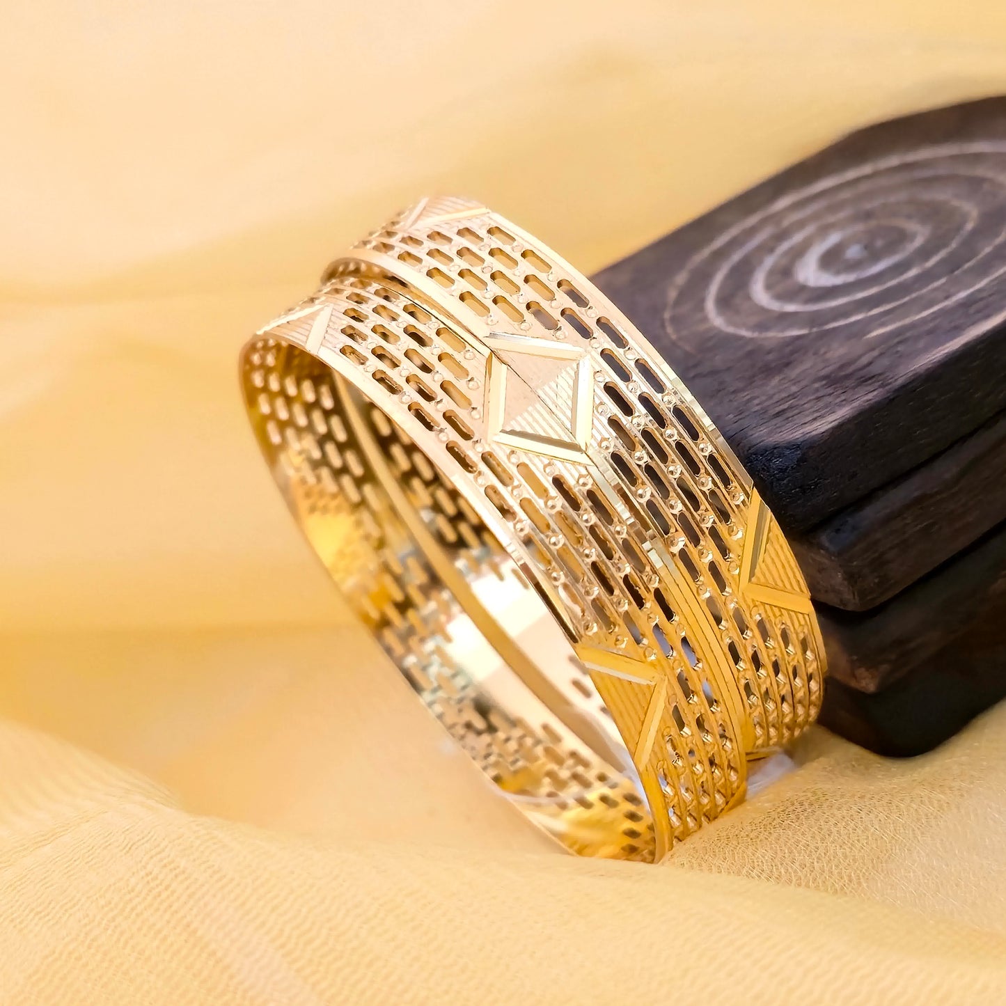 Gold Plated Geometric Cutwork Bangles Set for Women | Designer Pattern Broad Bangles