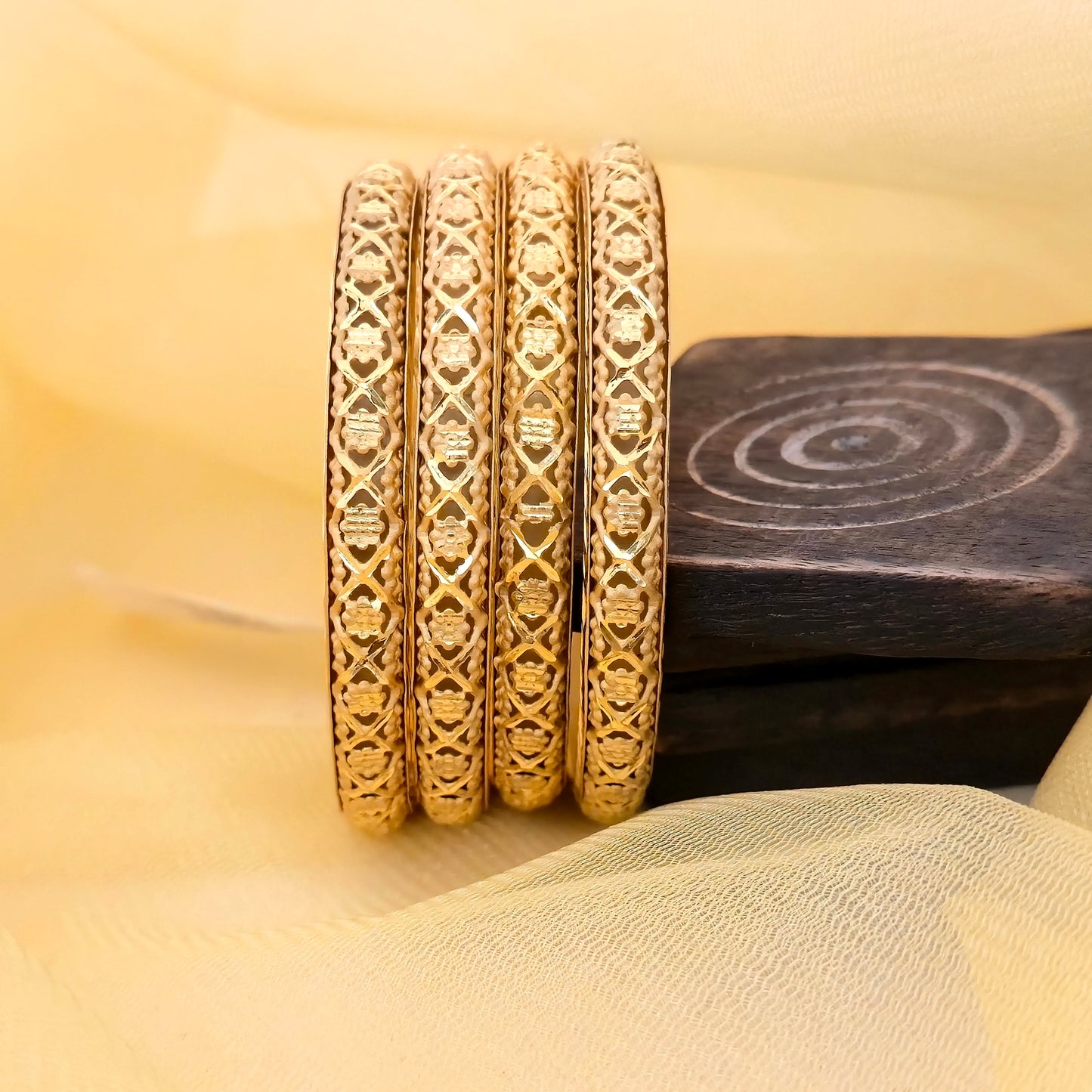 Gold Plated Cutwork Lattice Design Bangles Set for Women | Fancy Hollow Pattern Bangles
