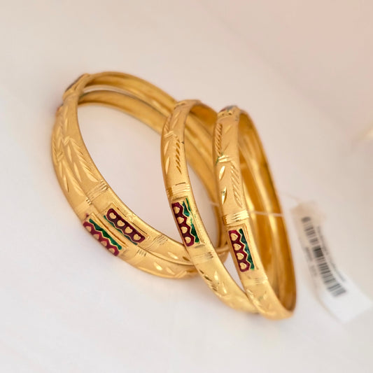 Gold Plated Leaf Design Bangles Set with Colorful Enamel Detailing | Traditional Fancy Bangles