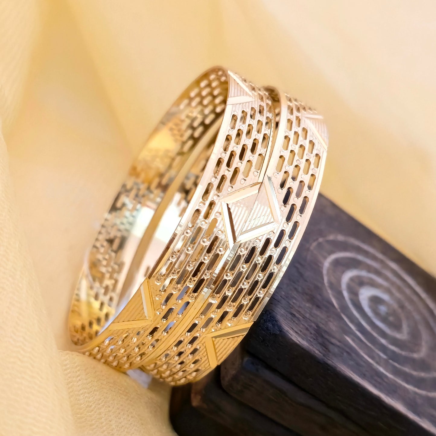 Gold Plated Geometric Cutwork Bangles Set for Women | Designer Pattern Broad Bangles