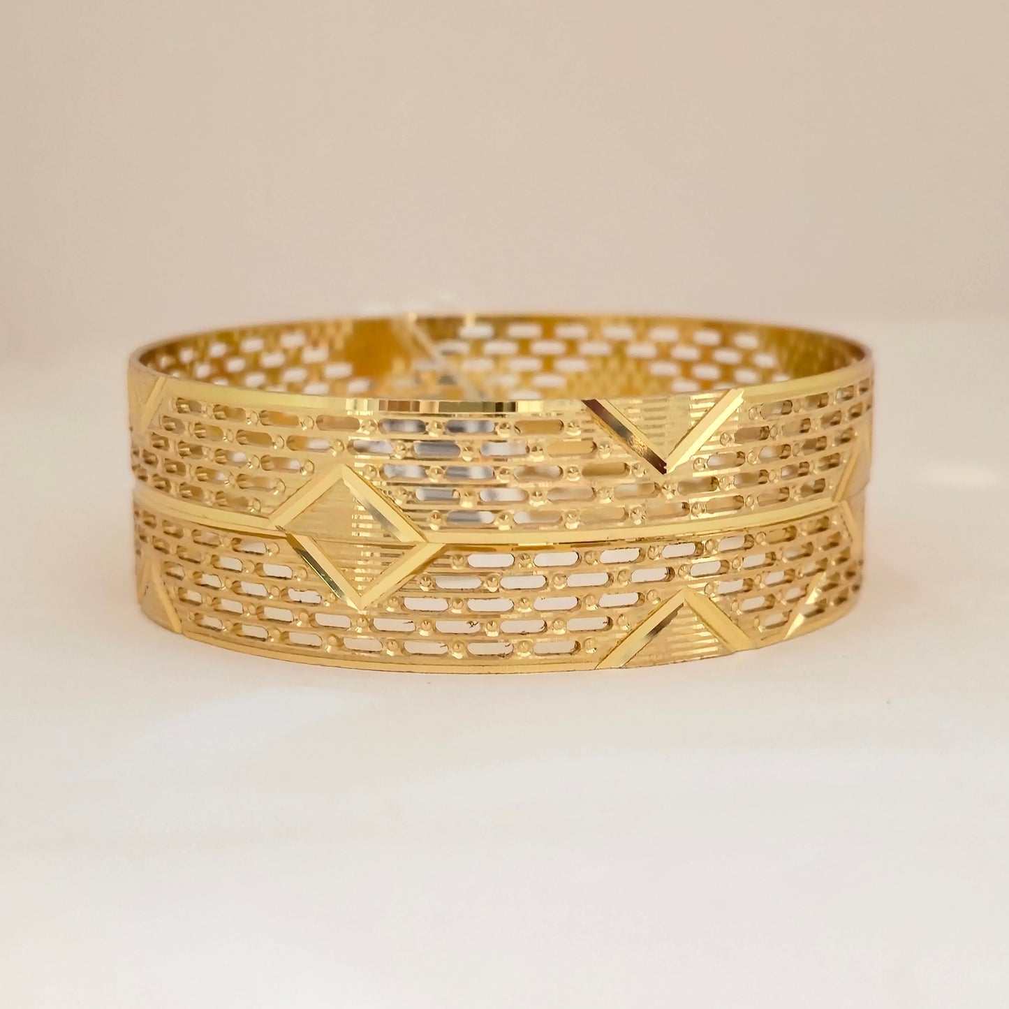 Gold Plated Geometric Cutwork Bangles Set for Women | Designer Pattern Broad Bangles