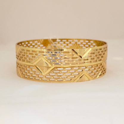 Gold Plated Geometric Cutwork Bangles Set for Women | Designer Pattern Broad Bangles