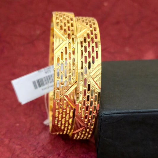 Gold Plated Geometric Cutwork Bangles Set for Women | Designer Pattern Broad Bangles