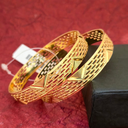 Gold Plated Geometric Cutwork Bangles Set for Women | Designer Pattern Broad Bangles
