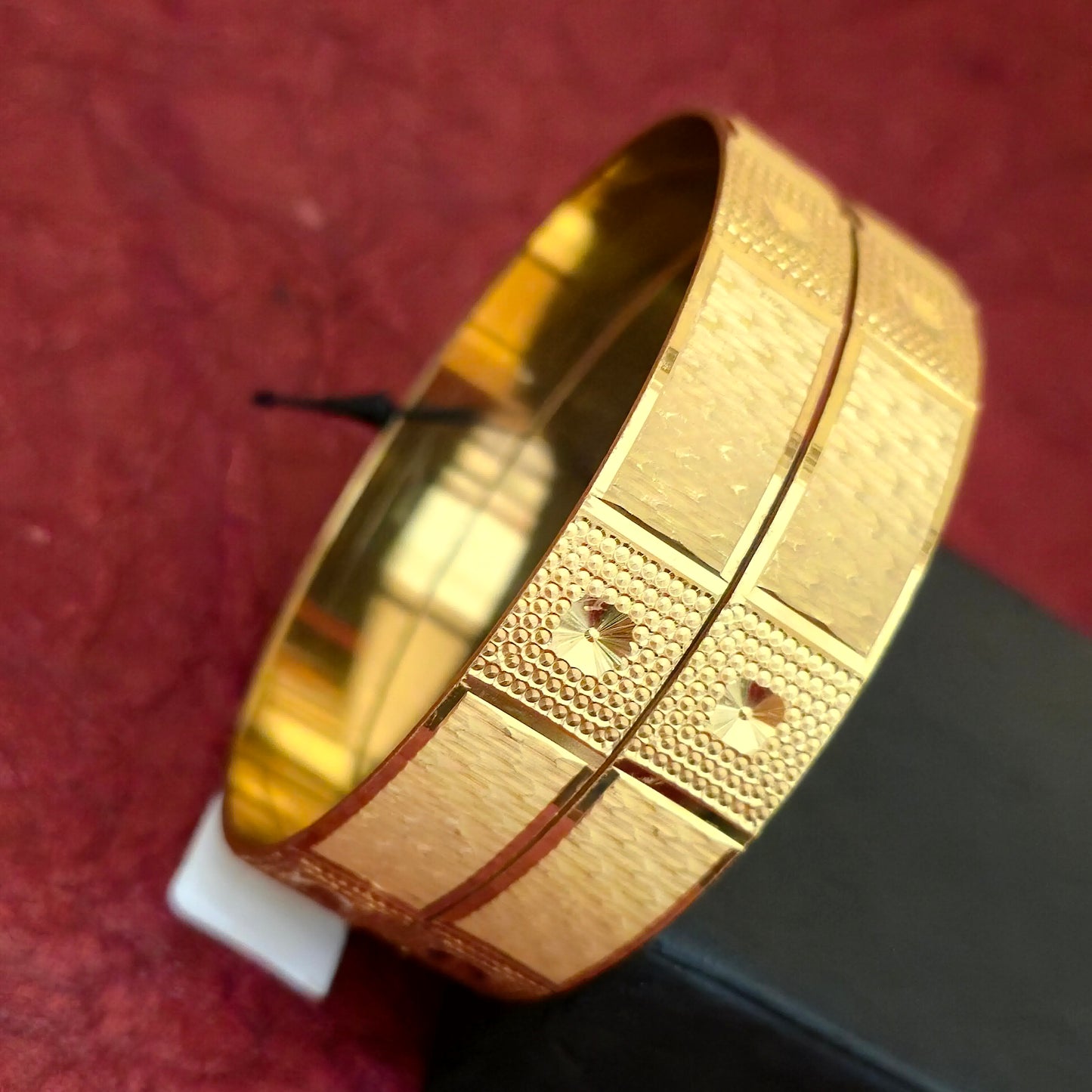 Gold Plated Dual Tone Textured Bangles Set for Women | Designer Block Pattern Broad Bangles