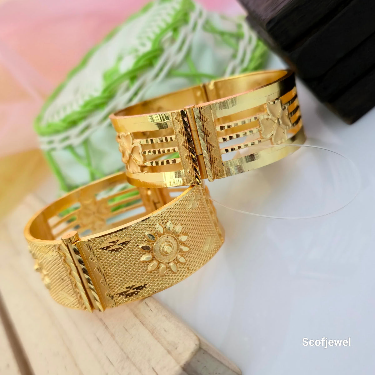 Gold Plated Openable Bangles with Sunburst Engraving | Broad Traditional Bangles for Women