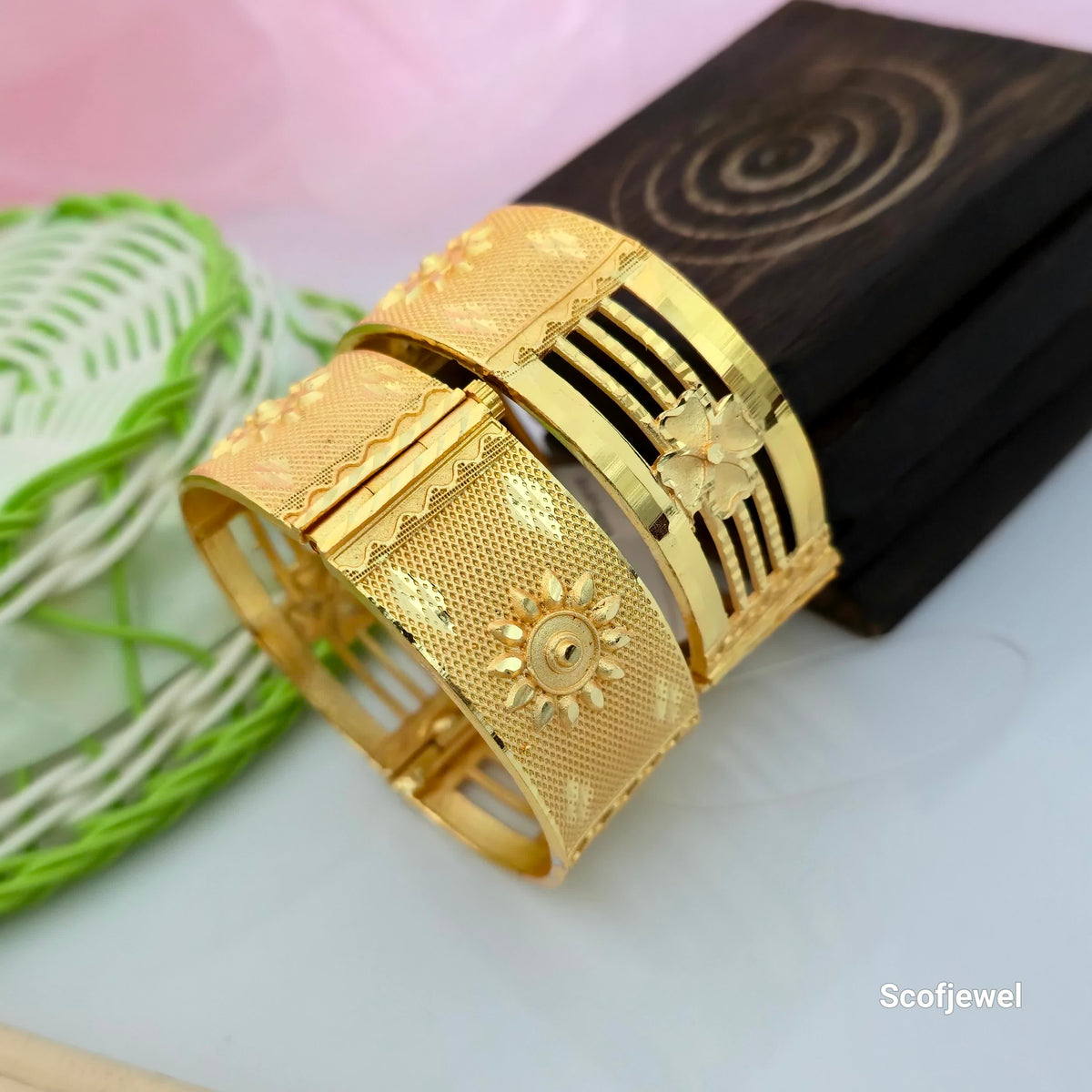 Gold Plated Openable Bangles with Sunburst Engraving | Broad Traditional Bangles for Women