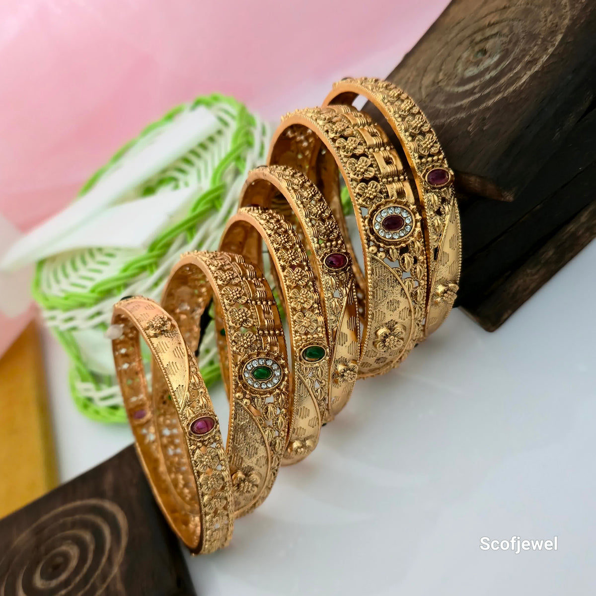 Rajwadi Polish Bangles Set with Intricate Floral Embossing | Antique Gold Designer Bangles for Women