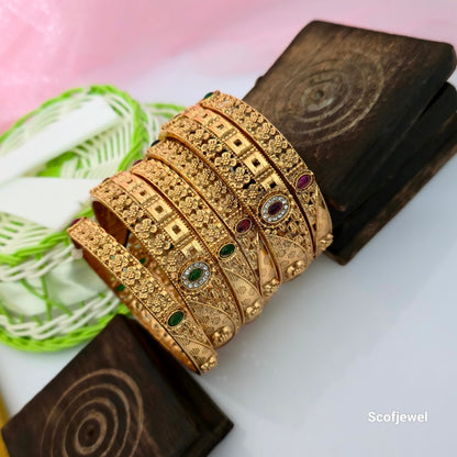 Rajwadi Polish Bangles Set with Intricate Floral Embossing | Antique Gold Designer Bangles for Women