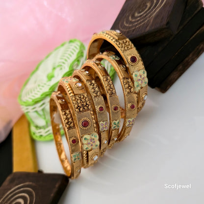 Rajwadi Polish Antique Gold Bangles with Maroon and Pastel Floral Detailing | Traditional Designer Bangles for Women