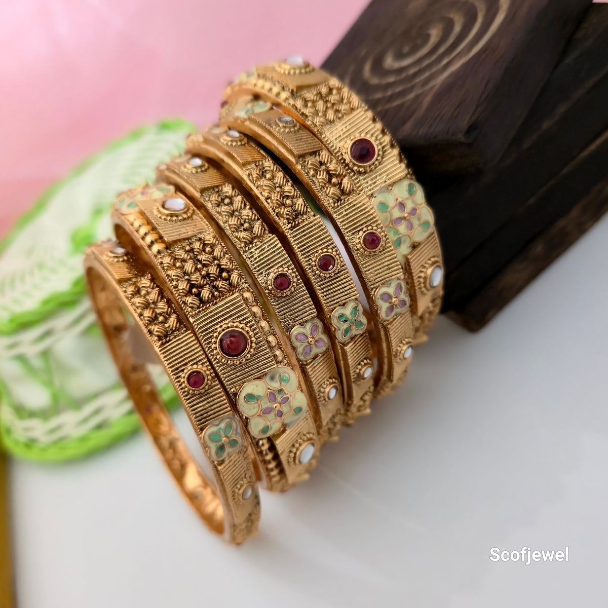 Rajwadi Polish Antique Gold Bangles with Maroon and Pastel Floral Detailing | Traditional Designer Bangles for Women