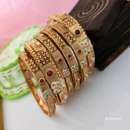 Rajwadi Polish Antique Gold Bangles with Maroon and Pastel Floral Detailing | Traditional Designer Bangles for Women