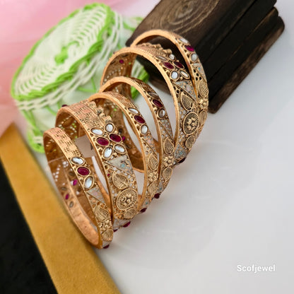 Rajwadi Polish Antique Gold Bangles with Red and White Stone Detailing | Traditional Designer Bangles for Women